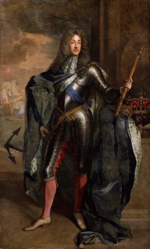 一幅詹姆斯二世国王的油画，穿着盔甲，手持权杖